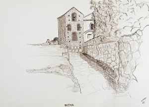 Mid 20th Century Mystras Greece Drawing