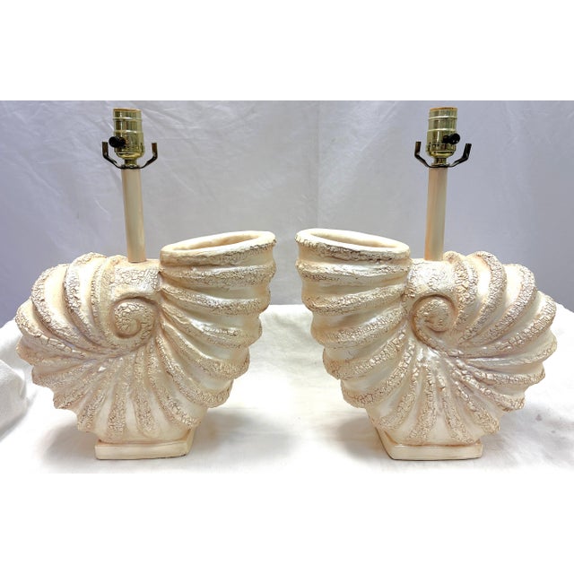 Ceramic C1980's Palm Beach Chic Nautilus Shell Table Lamps- A Pair For Sale - Image 7 of 18