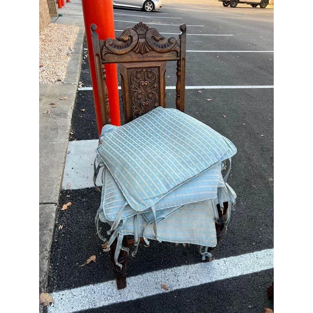 1920s Antique Jacobean Style Oak Carved Dining Chairs with Cushions- Set of 5 For Sale - Image 11 of 11