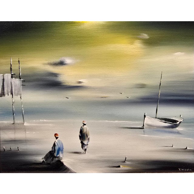 Robert Watson Robert Watson-Human Figures on a Surreal California Beach- Mid-Century Oil Painting For Sale - Image 4 of 11