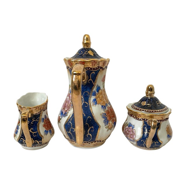 Ceramic Vintage Satsuma Moriage Blue & Gold Floral Tea Set. 15 Piece Set For Sale - Image 7 of 11