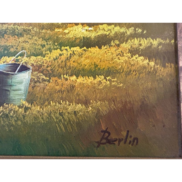 Signed Berlin Vintage Rustic Barn Landscape Oil Painting in Carved Wood Frame For Sale - Image 4 of 8