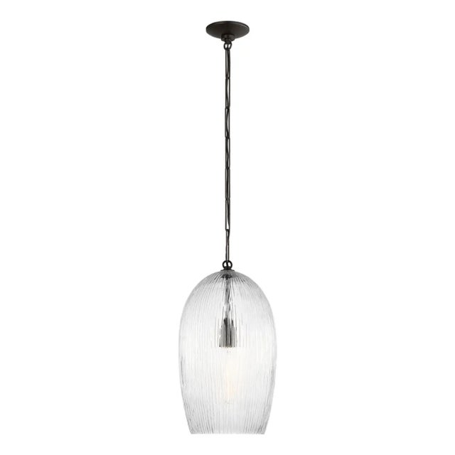 Hable by Visual Comfort Studio Serafina Pendant Light in Aged Iron Black Finish With Textured Clear Glass For Sale