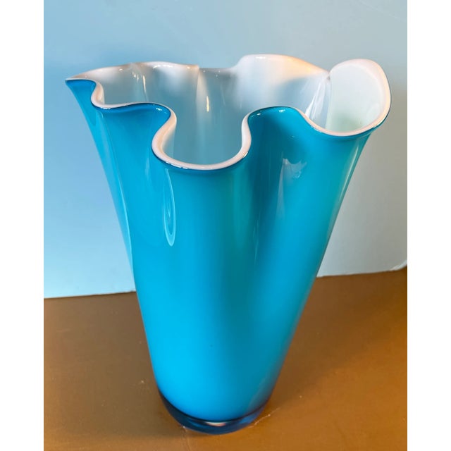 Glass Vintage 16-In. Tall Art Glass Handkerchief Sky Blue Vase With White Cased Glass Interior For Sale - Image 7 of 12