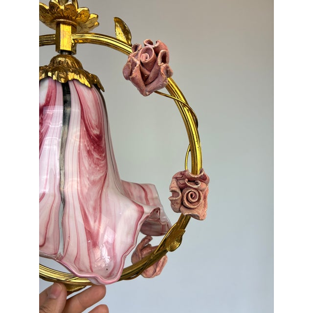 ⁠1970s Vintage Italian Pink Murano Ruffled Glass and Ceramic Rose Chandelier⁠ For Sale - Image 6 of 17