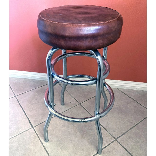 Wood 1970s Armless 2 Ring Chrome Swivel Counter Stool With Round Cushioned Seat For Sale - Image 7 of 8