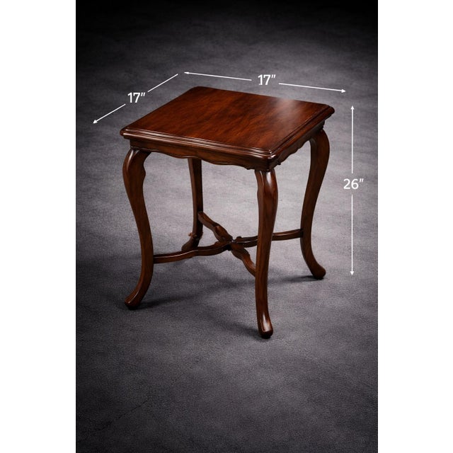 Mid 20th Century Pair of Vintage French Provincial Serpentine Tables in Old Chapel Satin Walnut — Sculptural Cabriole Legs, Designer Matching Set For Sale - Image 5 of 9