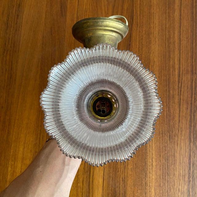 Antique Industrial Brass Wall Sconce With Holophane Glass Shade For Sale - Image 9 of 13