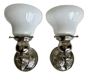 Late 20th Century Pair of Art Deco–Inspired Chrome & Opal (Milk) Glass Bathroom Wall Sconces