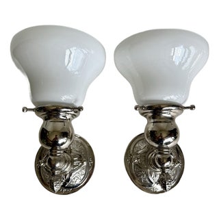 Pair of Art Deco–Inspired Chrome & Opal (Milk) Glass Bathroom Wall Sconces For Sale