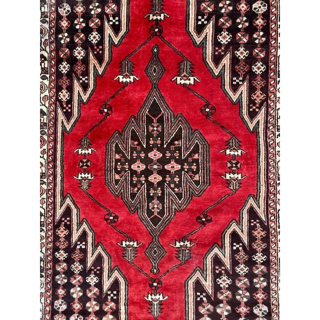 Beautiful midcentury tribal rug with geometrical design and nice colors, entirely hand knotted with wool velvet on cotton...