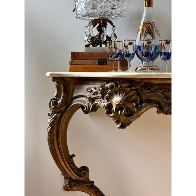 Antique Rococo Style Carved Wood Console With Marble Top For Sale - Image 9 of 14