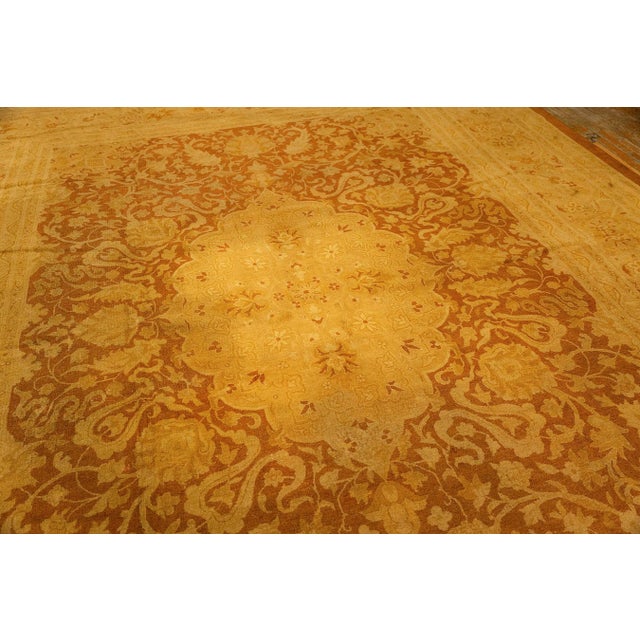 1890s Antique Gold Open Field Medallion Knotted Wool Indian Agra Decorative Rug For Sale - Image 4 of 9