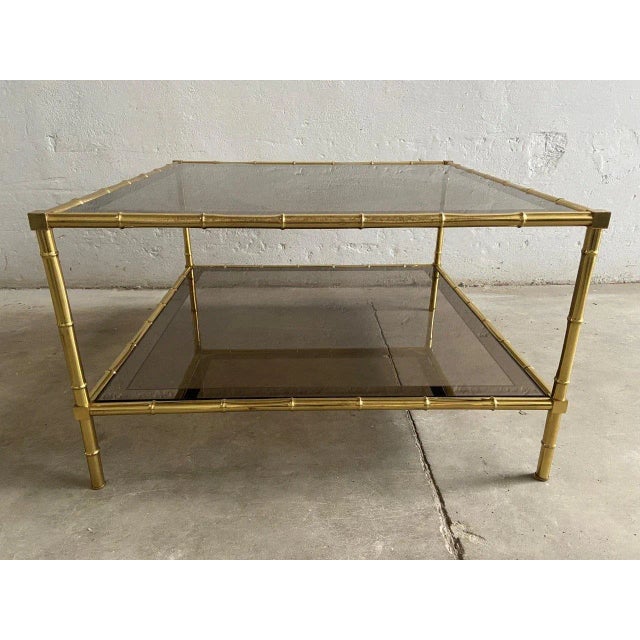 French Brass, Faux Bamboo & Smoked Glass Coffee Table, 1960s For Sale - Image 11 of 11