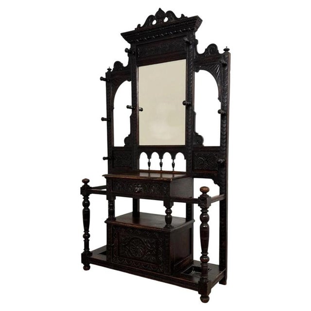 Antique English Victorian Green Man Hall Stand in Carved Oak, 1800s For Sale - Image 6 of 14