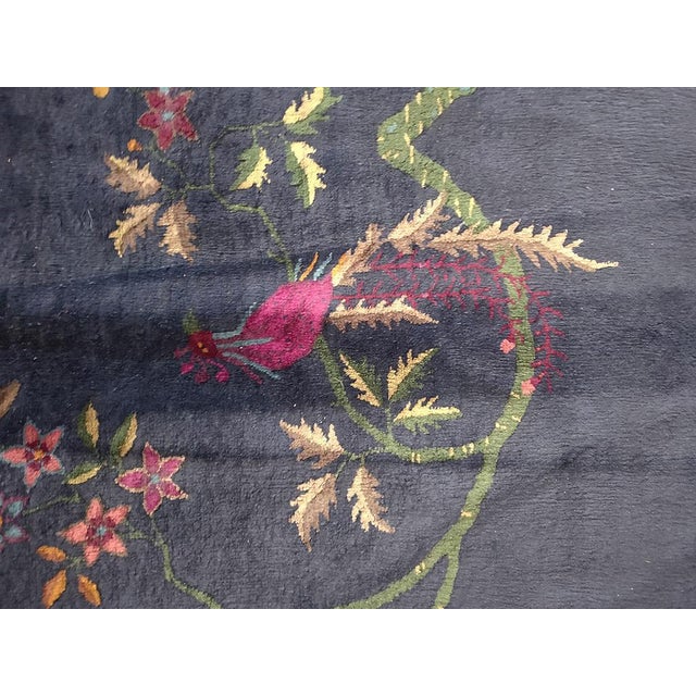 Early 20th Century 1920s Blue Navy Floral Antique Chinese Art Deco Rug 6' X 8'8" Handknotted Wool Carpet For Sale - Image 5 of 6