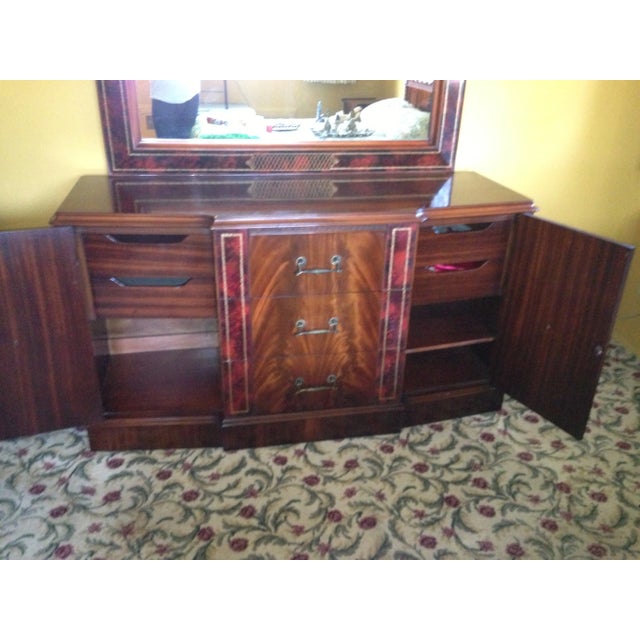 Beautiful 1950 Mahogany Dresser with Mirror, Daniel Jones, NY. The dresser with the mirror has a beautiful leather and...