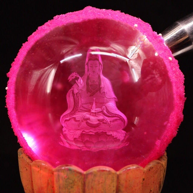 Asian Late 19th Century Buddhist Relic Sphere With Guanyin, 1562g, Pink Crystal Ball For Sale - Image 3 of 9