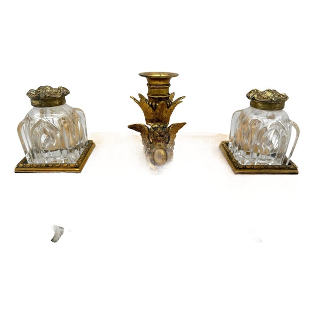 French Gothic Ormolu Cut Glass & Marble/Quartz Double Inkwell For Sale