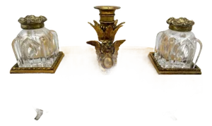 French Gothic Ormolu Cut Glass & Marble/Quartz Double Inkwell