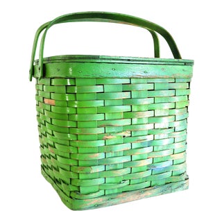 Large Green Vintage Basket With Handles and Flip Top Lid For Sale