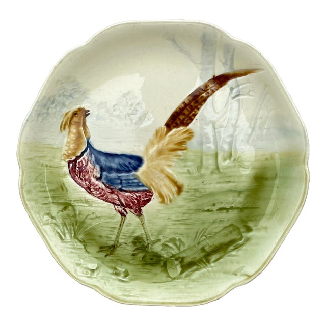 19th Century Majolica Pheasant Plate Choisy Le Roi For Sale