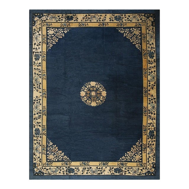 1920s Navy Solid Medallion Antique Chinese Peking Rug Knotted Wool 10' X 12' 7" For Sale