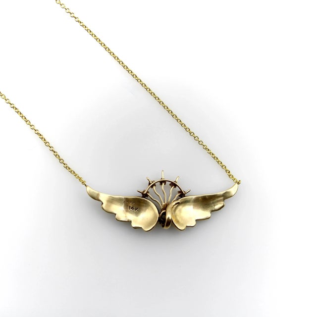 Metal 14K Gold Victorian Angel Wing Necklace with Diamond and Seed Pearls For Sale - Image 7 of 7