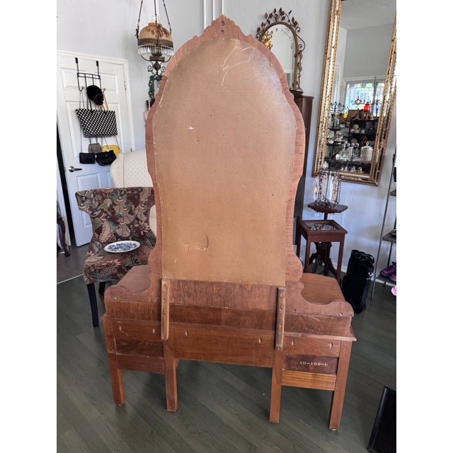 1930s Jacobean Revival Walnut and Figured Maple Vanity With Tall Arched Mirror For Sale - Image 11 of 11
