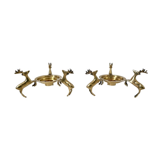 Cabin 2 Vintage Brass Deer Reindeer Trios Footed Large Pillar Candle Holder Christmas For Sale - Image 3 of 8