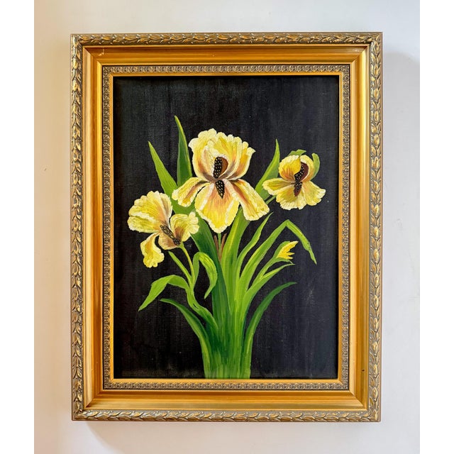 Late 20th Century "Irises" Original Contemporary Botanical Oil Painting on Canvas With Black Background For Sale - Image 5 of 14
