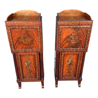 Pair of English Adam Revival Hand-Painted Satinwood Pedestal Cabinets For Sale