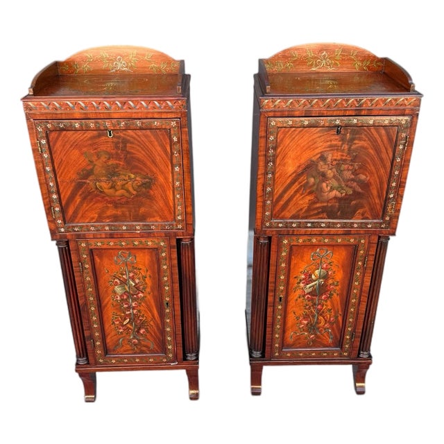 Pair of English Adam Revival Hand-Painted Satinwood Pedestal Cabinets For Sale