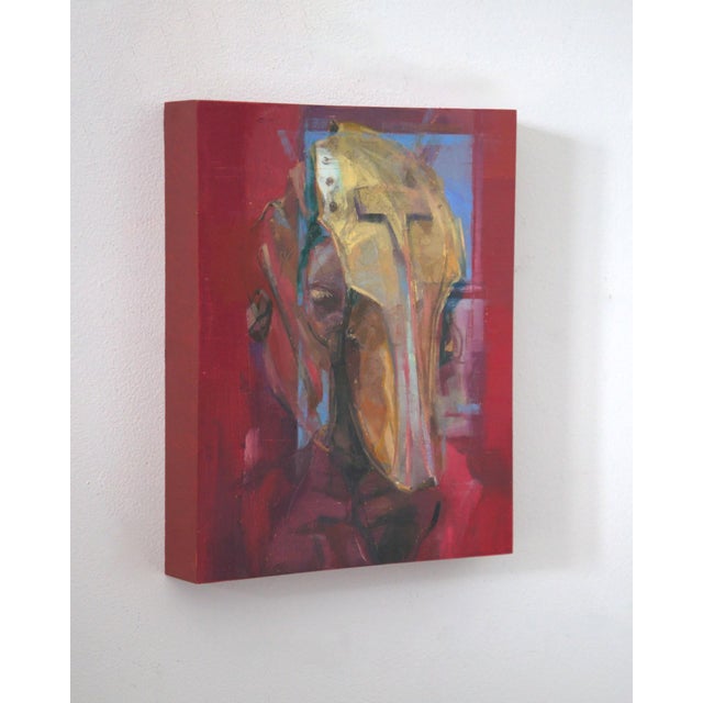 Contemporary Phantom by Elena Burykina | Oil on panel Portrait of a figure wearing a golden helmet. For Sale - Image 3 of 5