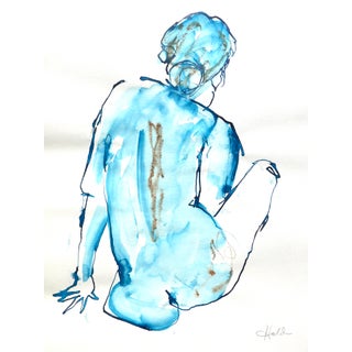 "Blue Nude" Contemporary Figurative Blue and White Ink Drawing For Sale