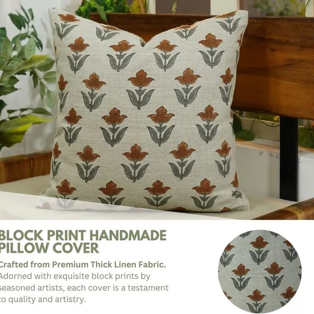 This cushion cover showcases a hand block print that brings fresh elegance to your space. Printed on thick linen, the...