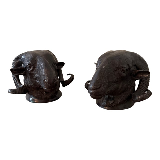 Vintage Bronze Ram Sculptures ~ a Pair For Sale