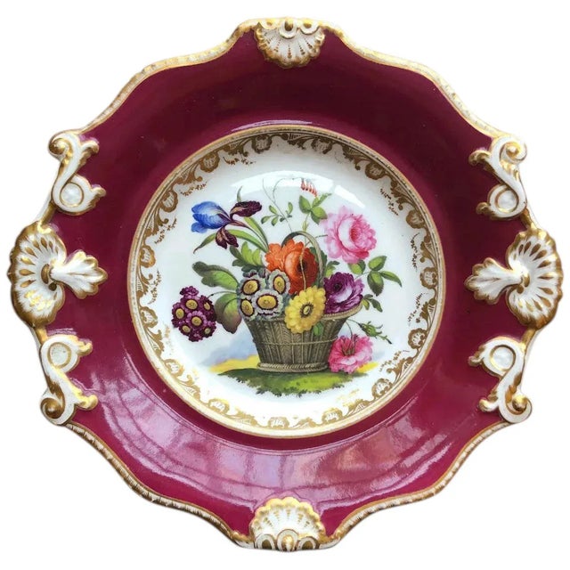 English Attributed to Samuel Alcock Porcelain Floral Basket Claret Ground Plates - Set of 5 For Sale - Image 9 of 13