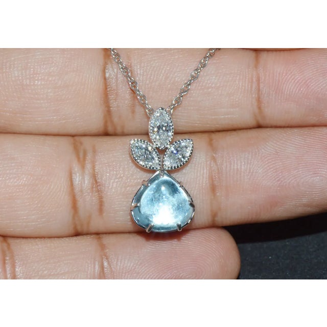 Early 21st Century Certified Natural 3.94Cts VS F Diamond Aquamarine 18K Solid Gold Milgrain Pendant Necklace For Sale - Image 5 of 10