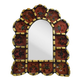 Late 20th Century Handcrafted Hand Painted Peruvian Cajamarca Floral Reverse Painting on Glass Mirror Wall Decor For Sale