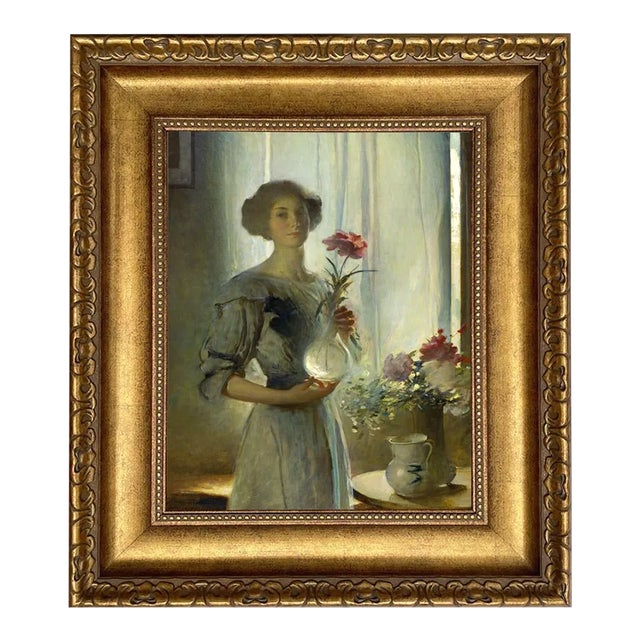 June, Woman With Flowers, 11" X 14" Print on Canvas in Wide Antiqued Gold Frame For Sale