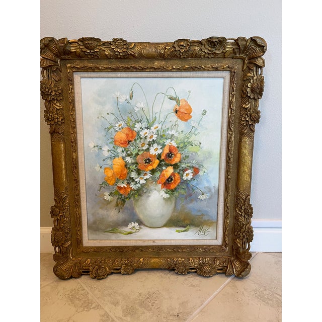 Wood Large Vintage Floral Oil Painting on Canvas Signed by Artist Alex With Ornate Gilded Frame For Sale - Image 7 of 11