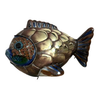 Sergio Bustamante Style Vintage Tonala Brass and Ceramic Fish Table Sculpture For Sale