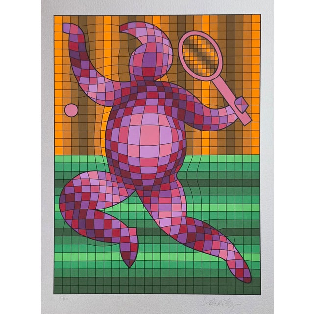 ARTIST: Victor Vasarely TITLE: Tennis Player Variant 3 MEDIUM: Serigraph on Silver Paper SIGNED: Hand Signed by Victor...