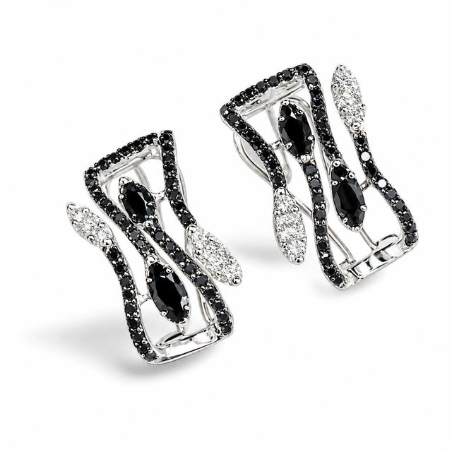 Mid-Century Modern Mid 20th Century 14k White Gold Black Diamond Leaf Huggie Earrings Estate, Pair For Sale - Image 3 of 4