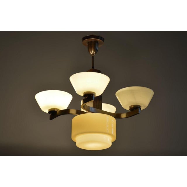 Art Deco Chandelier in Oak, Brass, and Opaline Glass, Czech, 1920s For Sale - Image 10 of 11