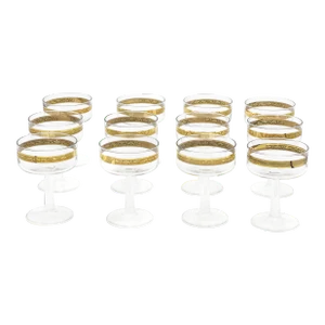 Mid-Century Modern Glamorous Glass Champagne Coupes With Metallic Gold Banding Details- 12 Pieces
