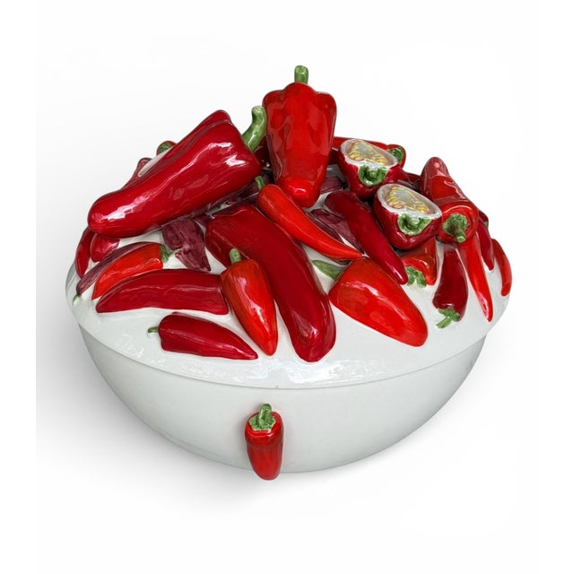 Vintage Italian Painted Ceramic Red Chili Pepper Sculptural Bowl by Este Ceramiche C. E. Lidded Serving Tureen, 11.5" For Sale - Image 4 of 12