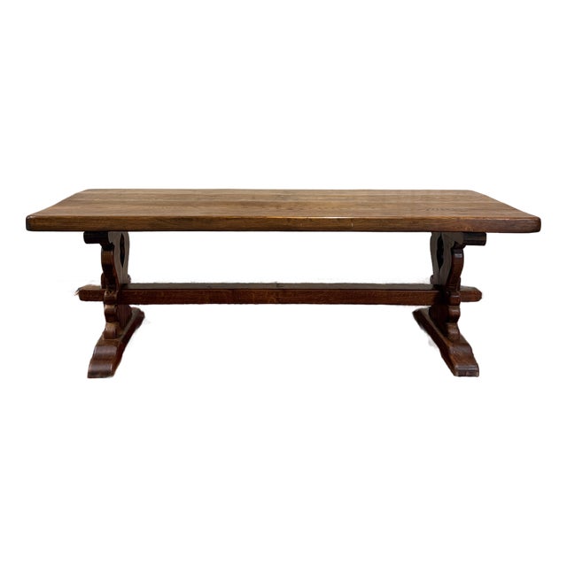 Antique French Country Farm Dining Table Farmhouse Trestle Base Oak 87"w For Sale