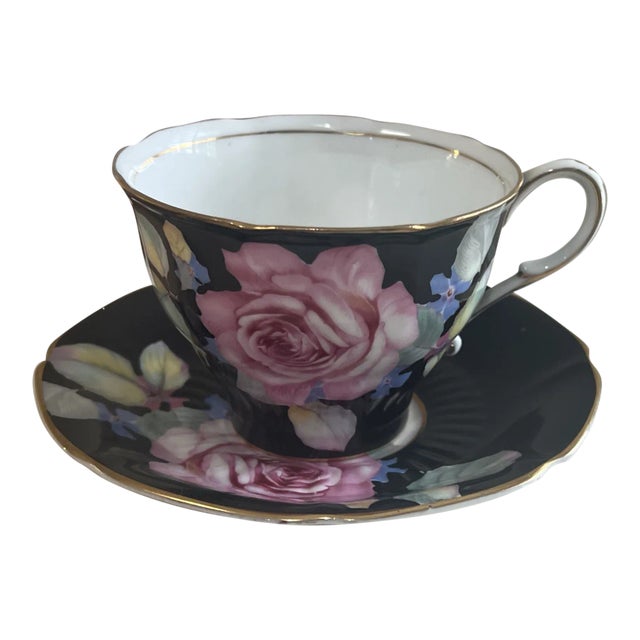 Vintage Paragon England Cabbage Roses Black Teacup & Saucer Set For Sale